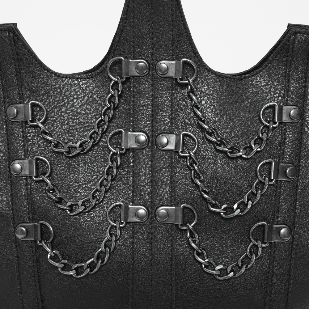 Goth Chain Shoulder Bag with Crown Silhouette Design showcasing silver chain details on textured faux leather.