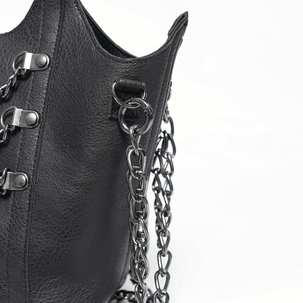 Goth Chain Shoulder Bag with Crown Silhouette Design showcasing silver chain details and textured faux leather.