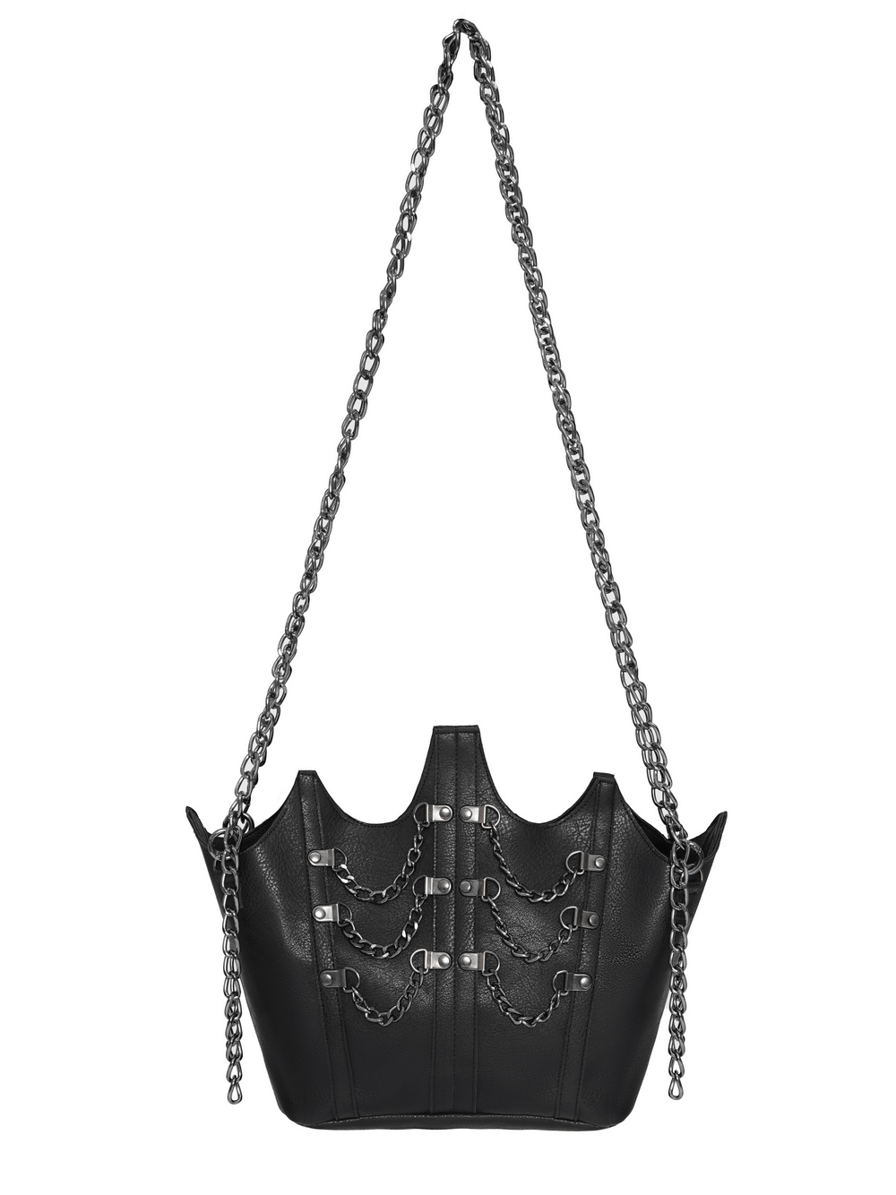 Goth Chain Shoulder Bag with Crown Silhouette Design featuring silver draped chains and punk attitude.