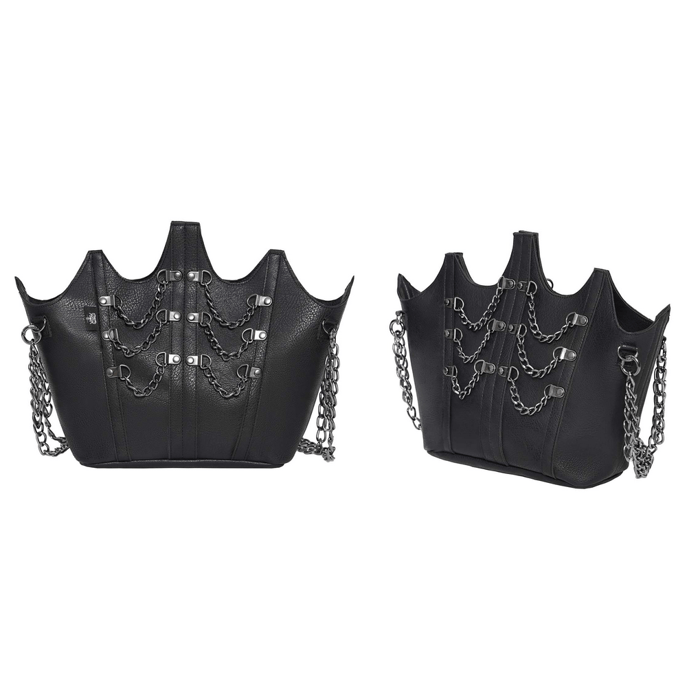 Goth Chain Shoulder Bag with Crown Silhouette Design featuring silver chains and faux leather finish.