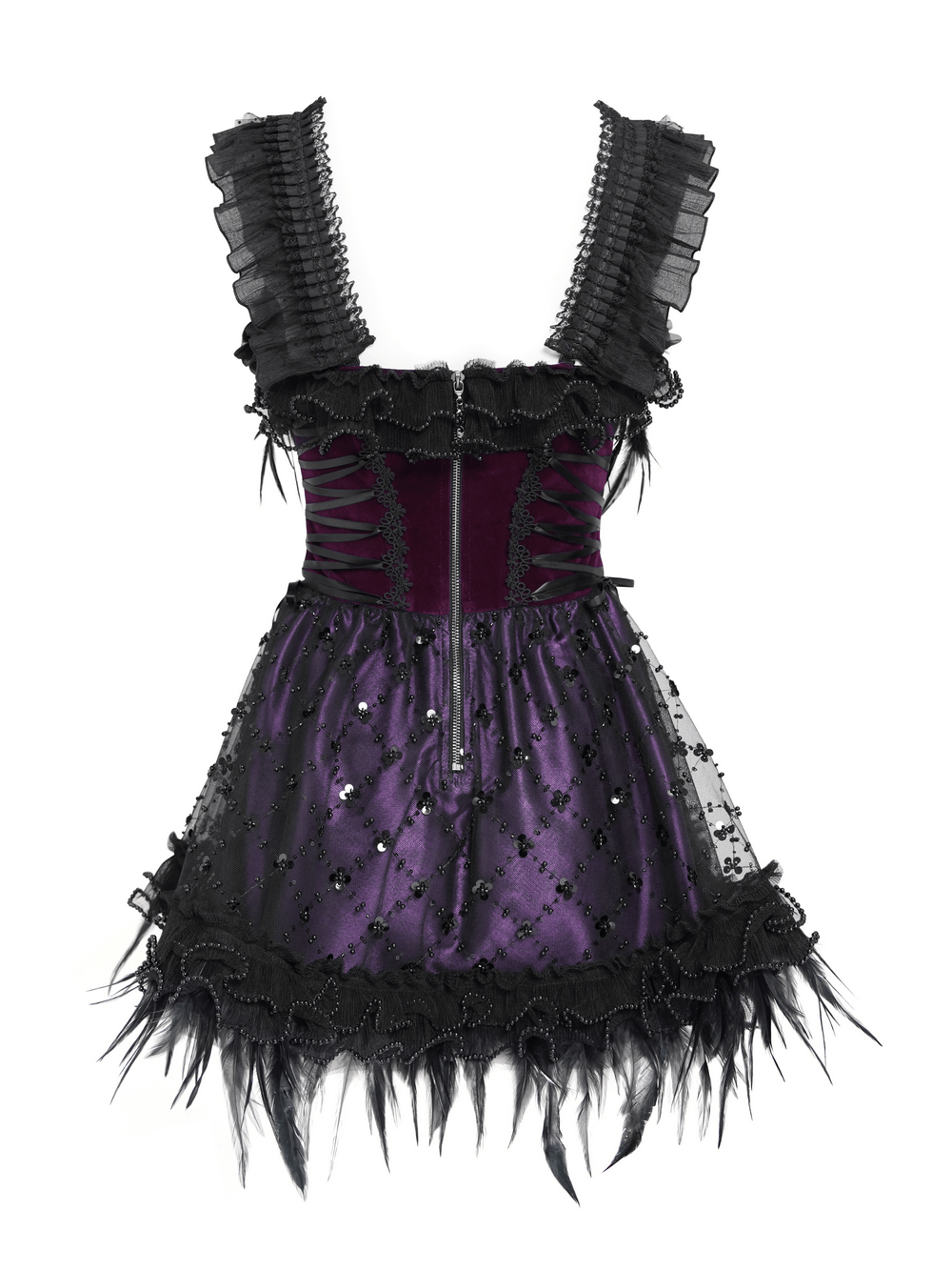 Goth Corset Mini Dress with Feather and Lace Trim, Victorian lace-up party dress with ruffled tulle straps and purple skirt