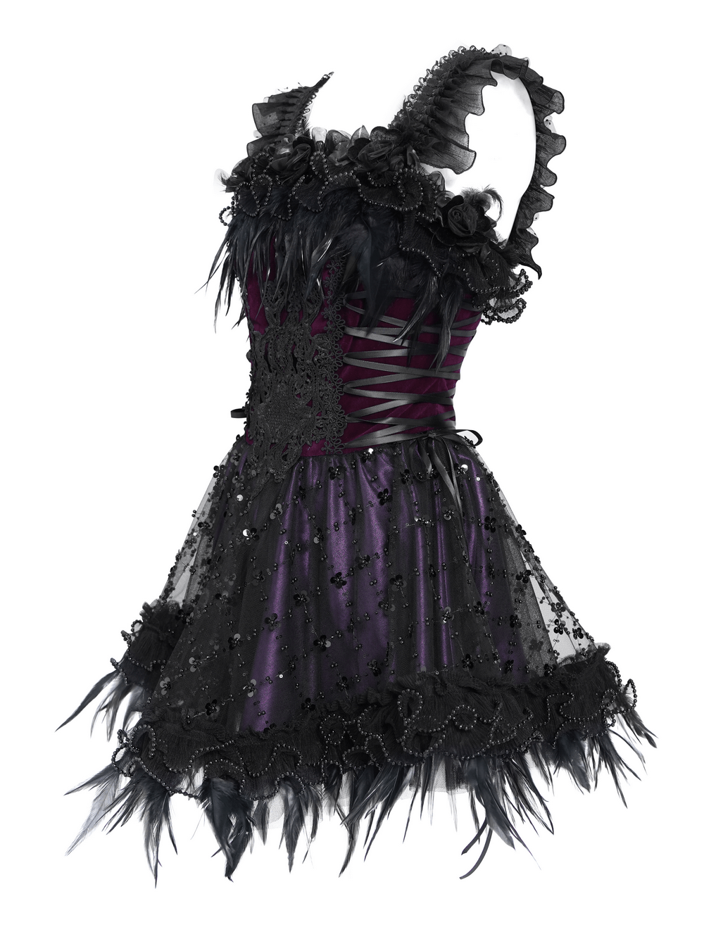 Goth Corset Mini Dress with Feather and Lace Trim, black-and-purple Victorian lace-up party dress with ruffled tulle straps