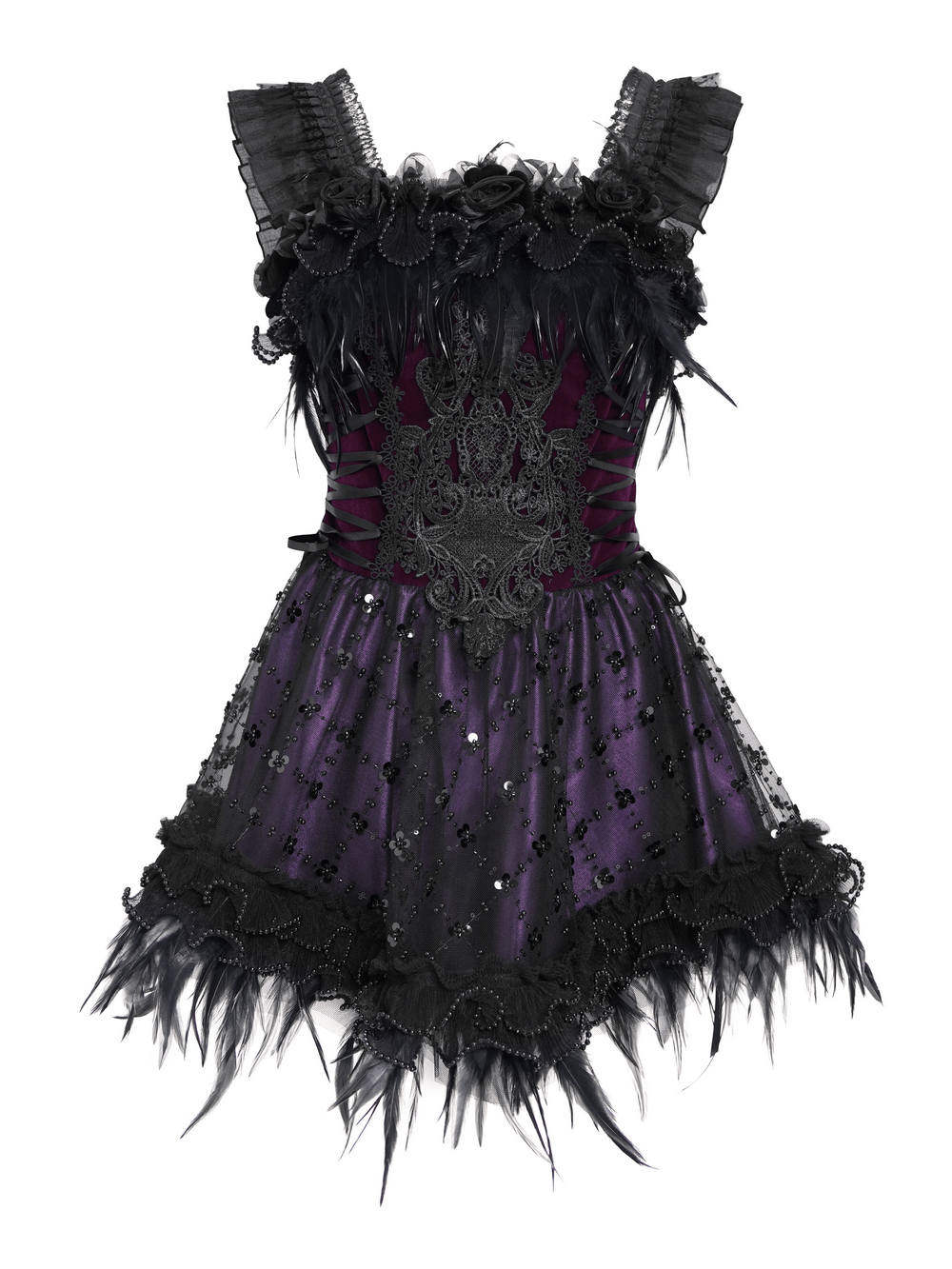 Goth Corset Mini Dress with Feather and Lace Trim, gothic purple mini dress with lace applique, tulle straps, and feather hem