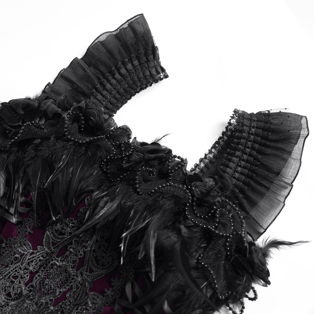Goth Corset Mini Dress with Feather and Lace Trim, Victorian lace-up party dress with ruffled tulle straps and gothic flair