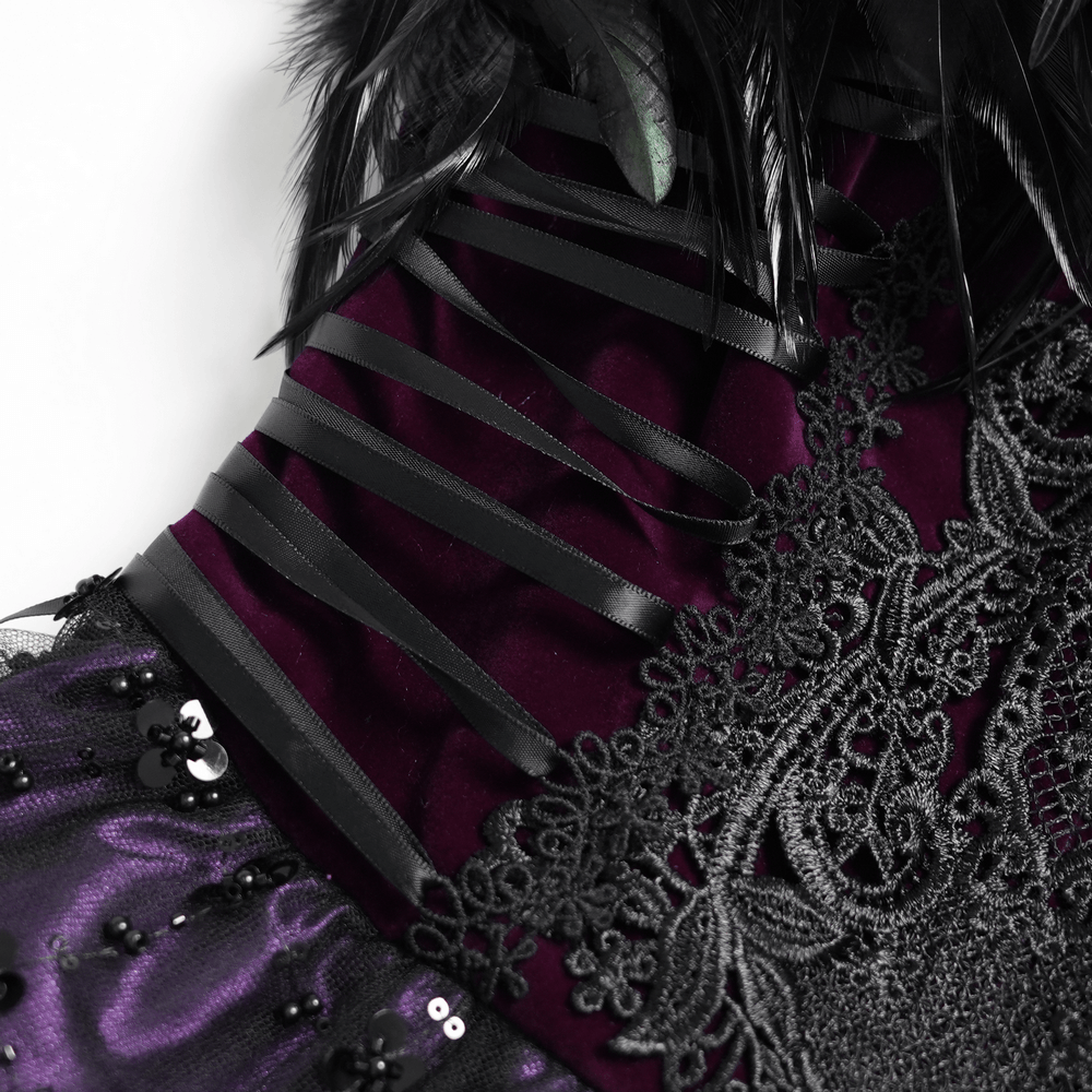 Goth Corset Mini Dress with Feather and Lace Trim, Victorian lace-up party dress with black lace appliques and feather details