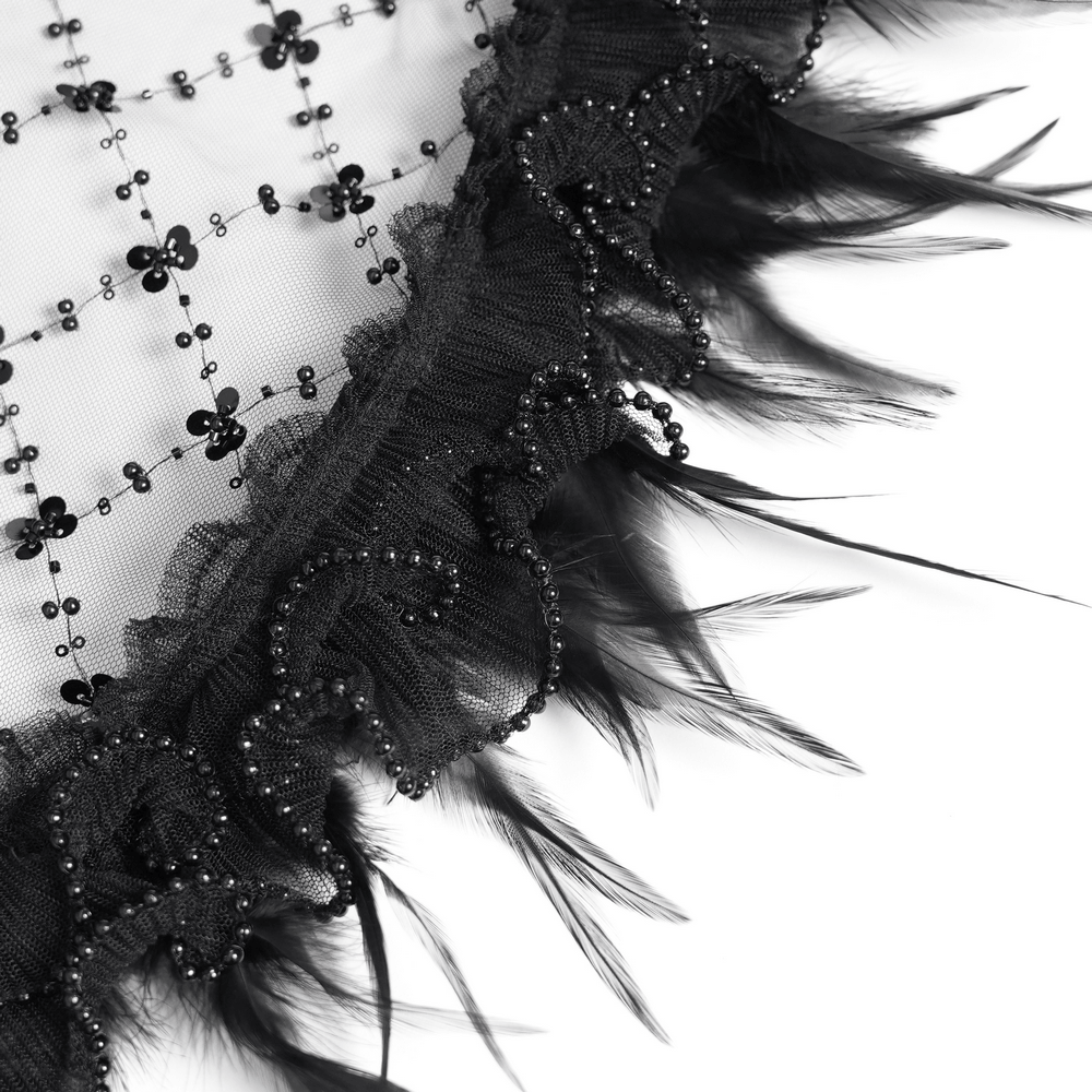 Goth Corset Mini Dress with Feather and Lace Trim, black lace-appliqué party dress with ruffled tulle straps and feather hem