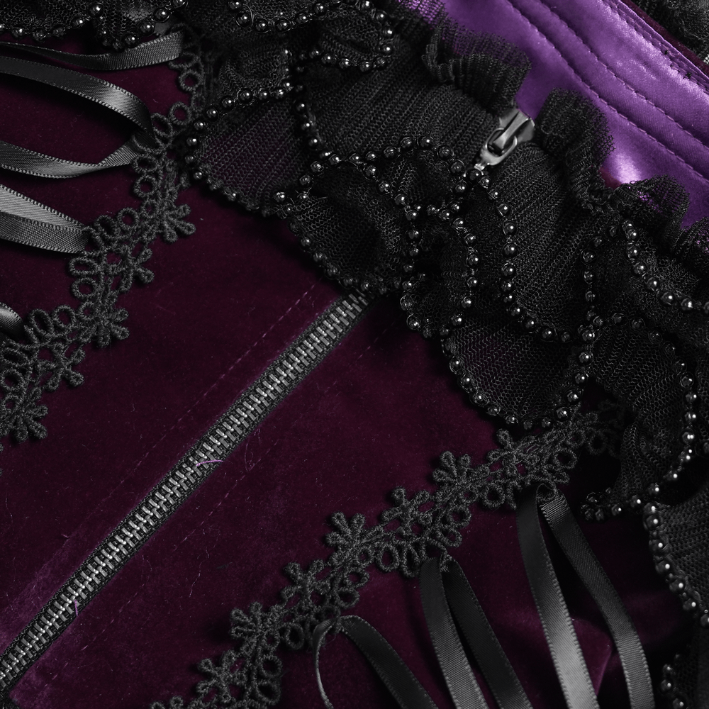 Goth Corset Mini Dress with Feather and Lace Trim, purple velvet gothic party dress with lace appliques and beaded tulle