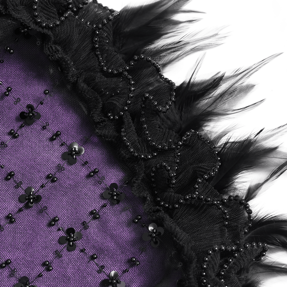 Goth Corset Mini Dress with Feather and Lace Trim, black feathered lace and purple embellished gothic party dress detail
