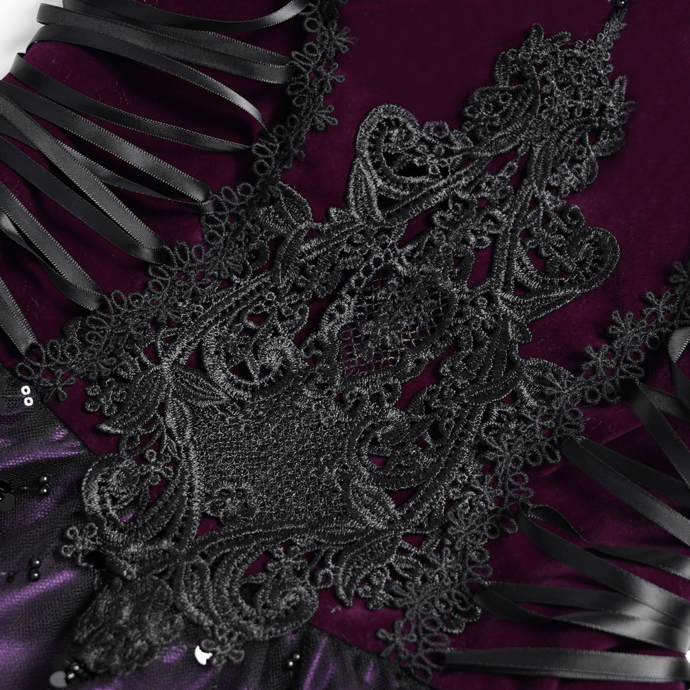 Goth Corset Mini Dress with Feather and Lace Trim, black lace appliqués and satin ribbon details on a rich purple gothic dress