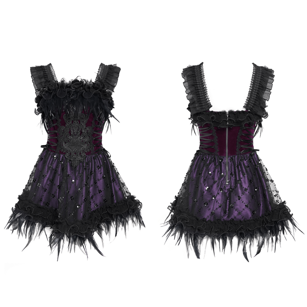 Goth Corset Mini Dress with Feather and Lace Trim, purple gothic mini dress with ruffled straps and feather hem