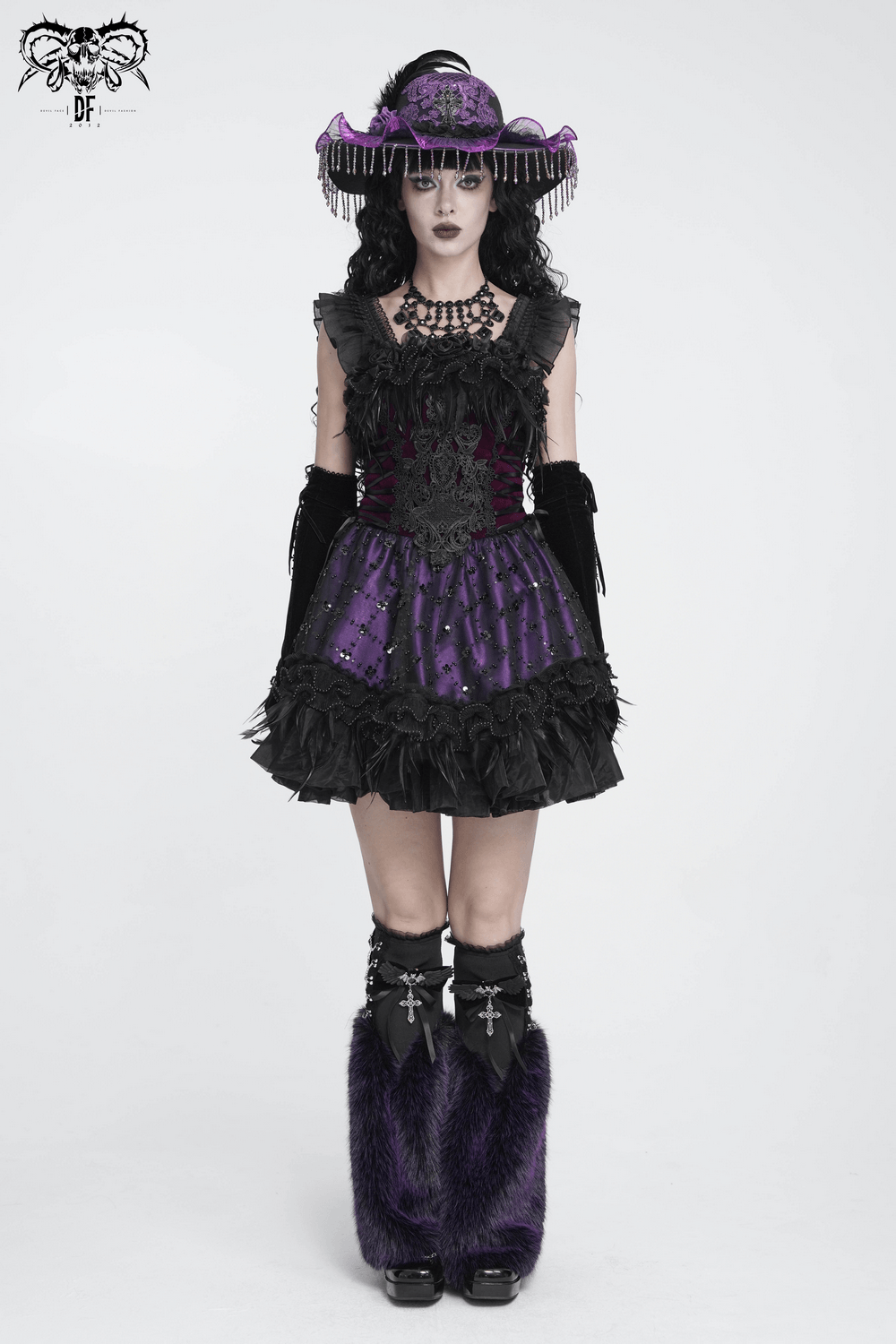 Goth Corset Mini Dress with Feather and Lace Trim, Victorian-inspired purple and black gothic party dress with lace and feather details