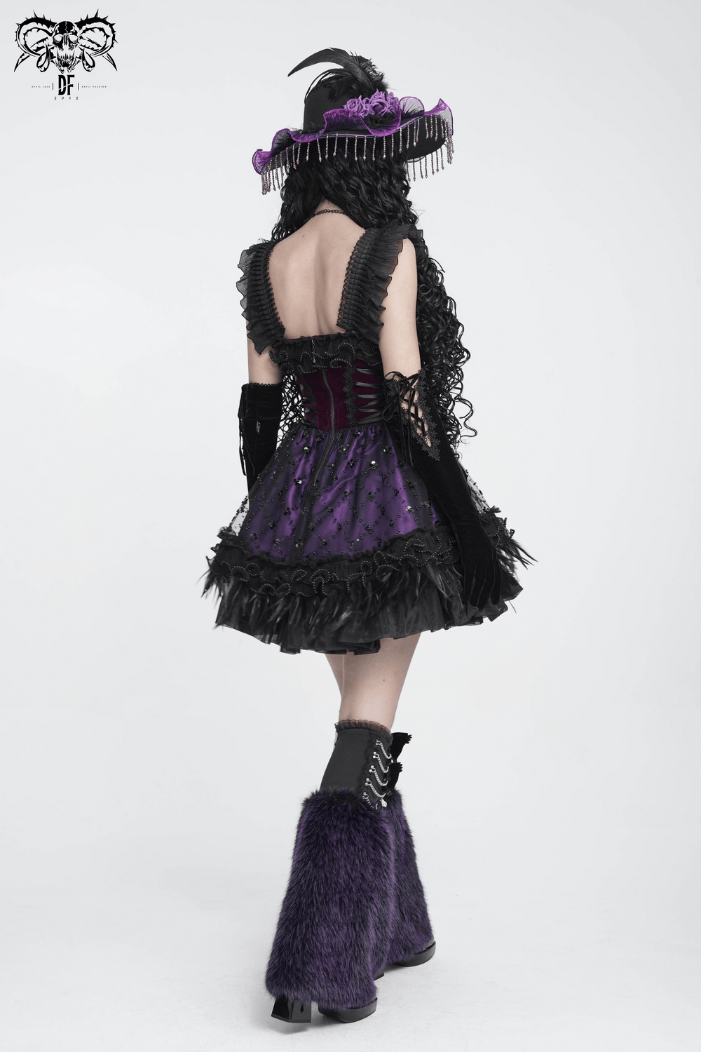 Goth Corset Mini Dress with Feather and Lace Trim, gothic purple mini dress with lace-up bodice and feathered hat
