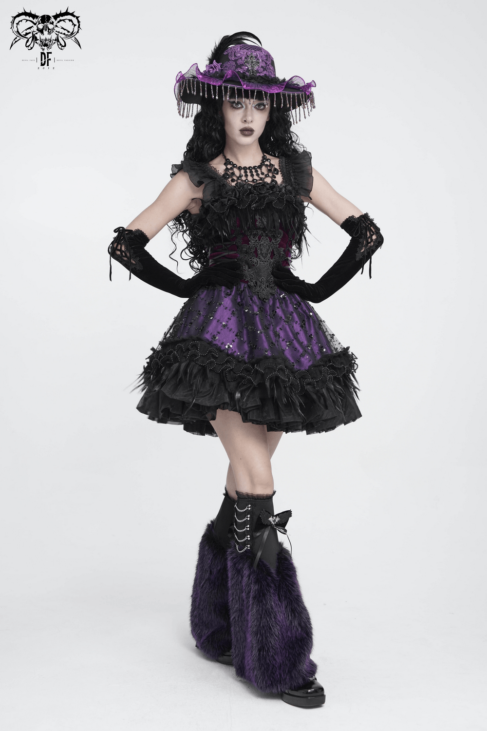 Goth Corset Mini Dress with Feather and Lace Trim, black and purple Victorian gothic party dress with ruffles and lace