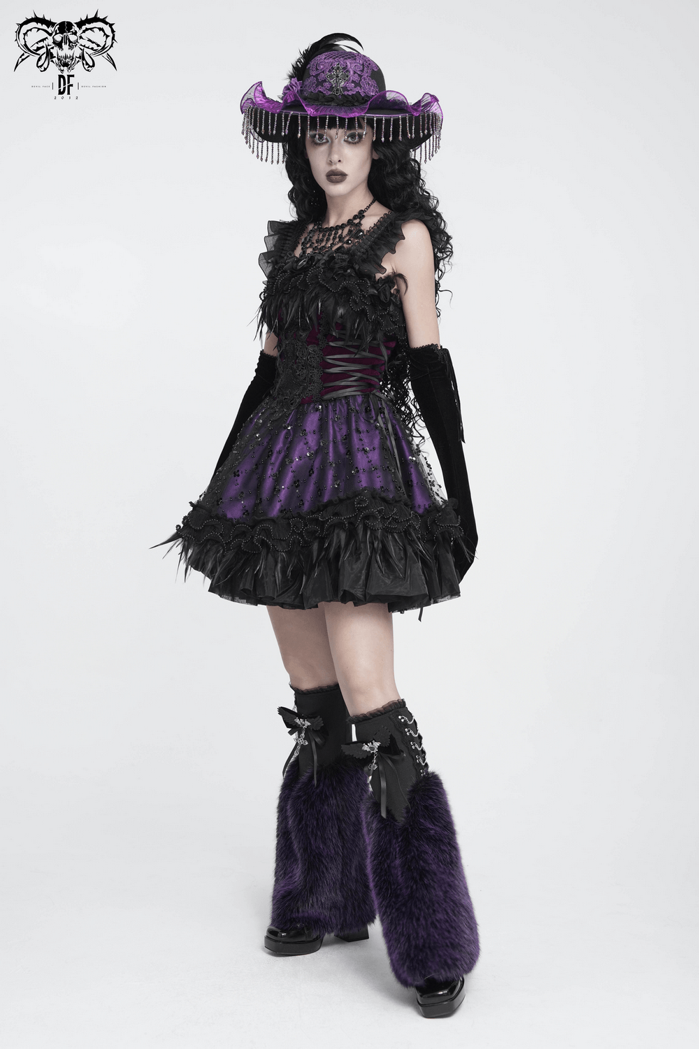 Goth Corset Mini Dress with Feather and Lace Trim, purple and black Victorian gothic party dress with ruffles