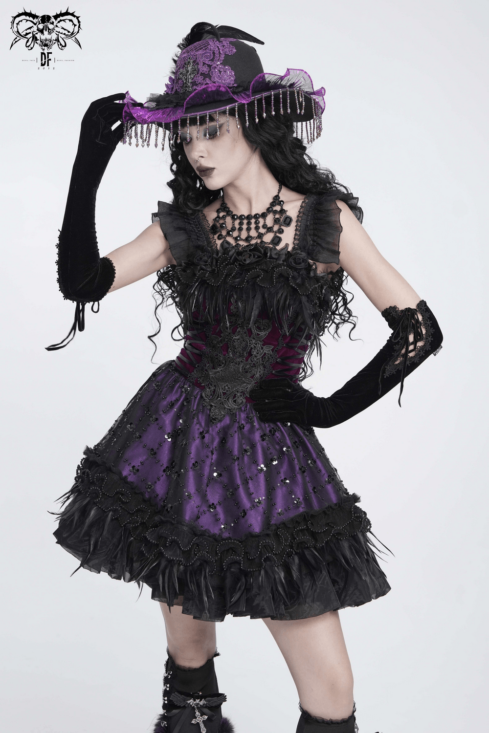 Goth Corset Mini Dress with Feather and Lace Trim Victorian lace-up party dress with purple skirt, ruffled straps, and feather details