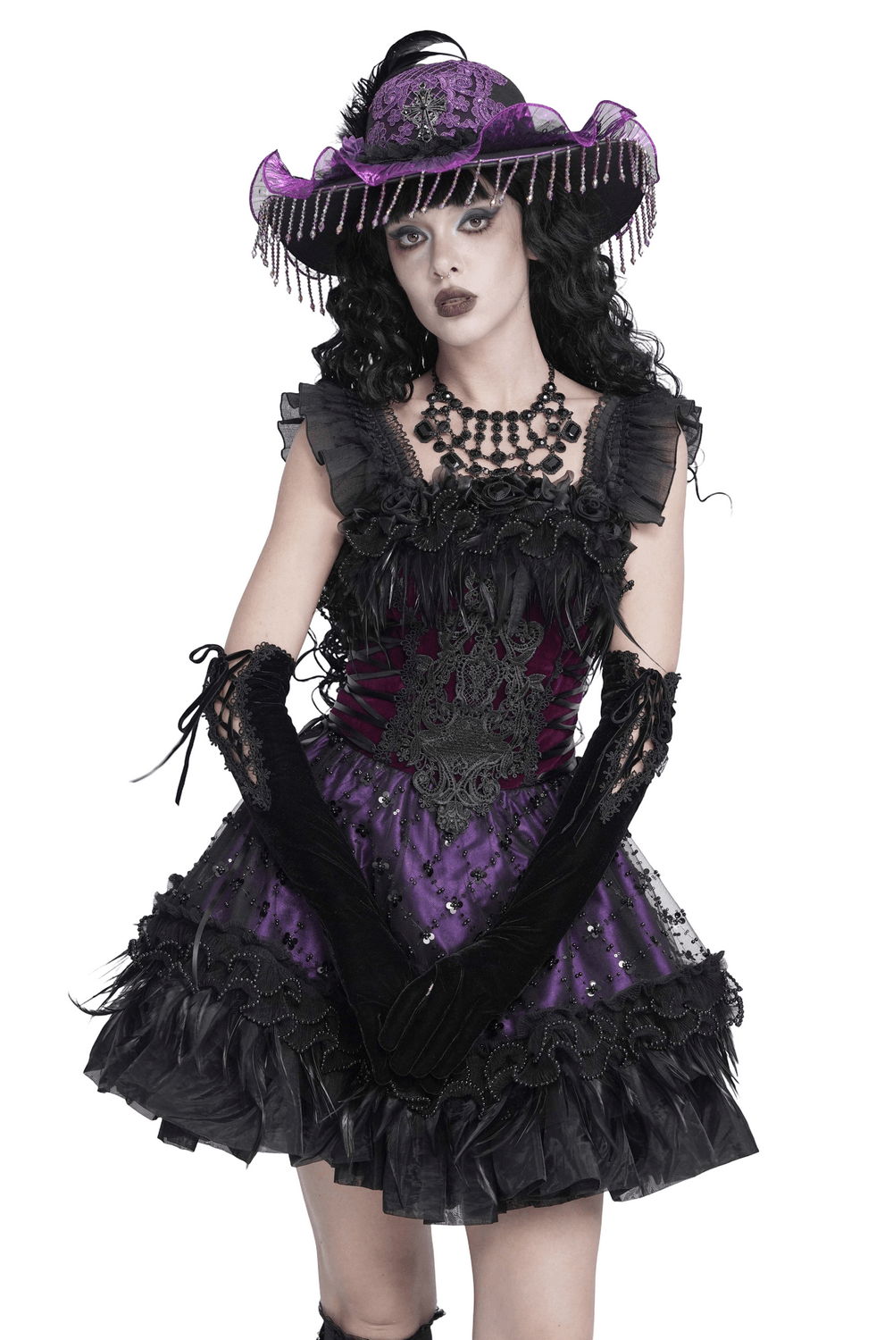 Goth Corset Mini Dress with Feather and Lace Trim, purple gothic party dress with lace-up bodice and feathered hem
