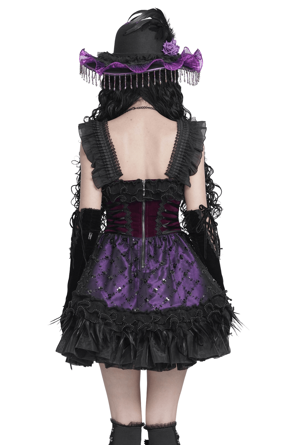Goth Corset Mini Dress with Feather and Lace Trim, Victorian-style black and purple gothic party dress with ruffled straps