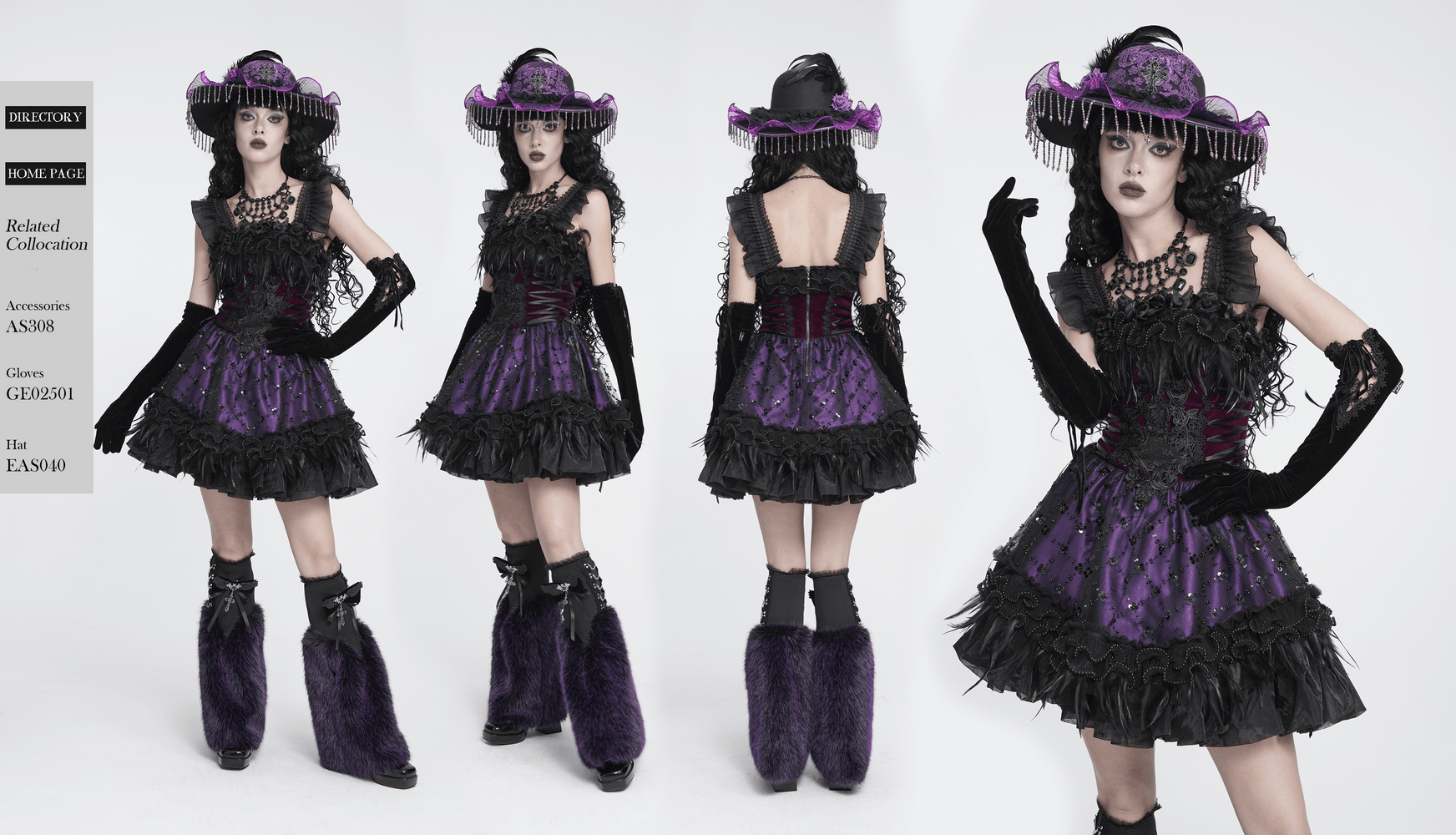 Goth Corset Mini Dress with Feather and Lace Trim, Victorian gothic mini dress with purple ruffles and lace-up bodice