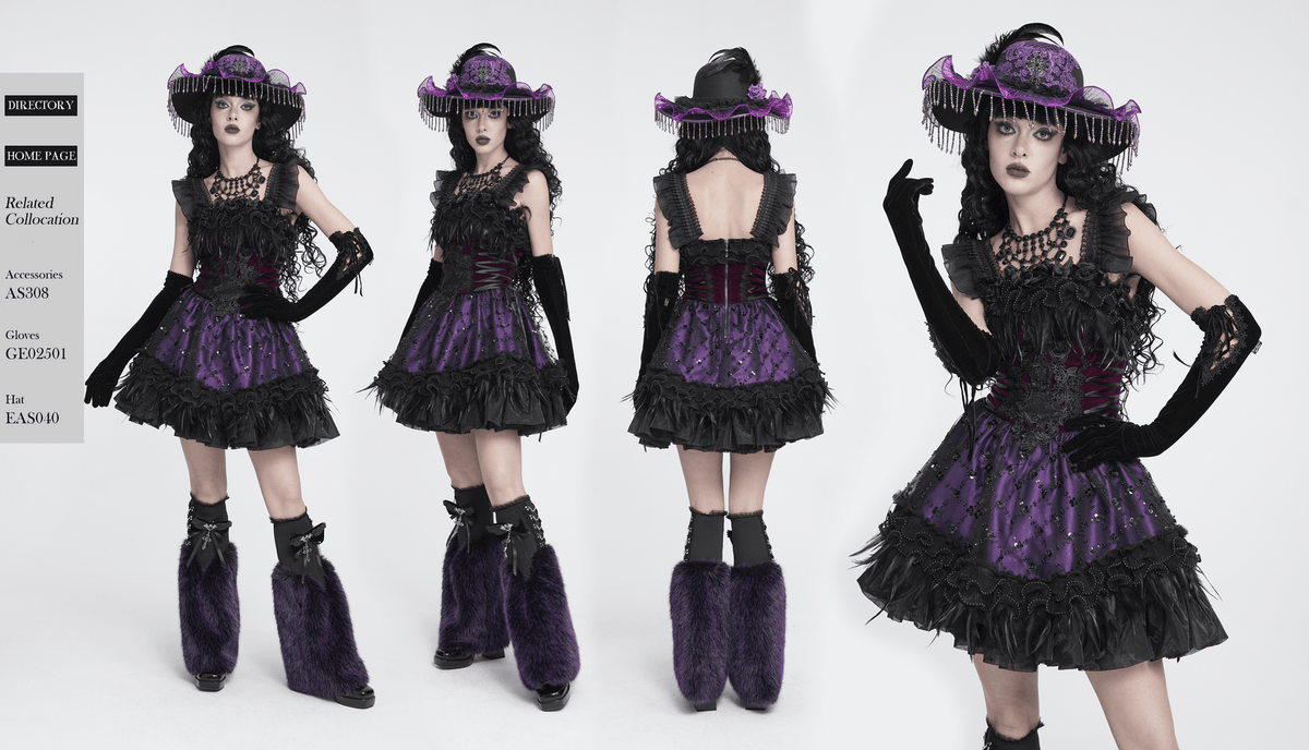 Goth Corset Mini Dress with Feather and Lace Trim, Victorian gothic mini dress with purple ruffles and lace-up bodice