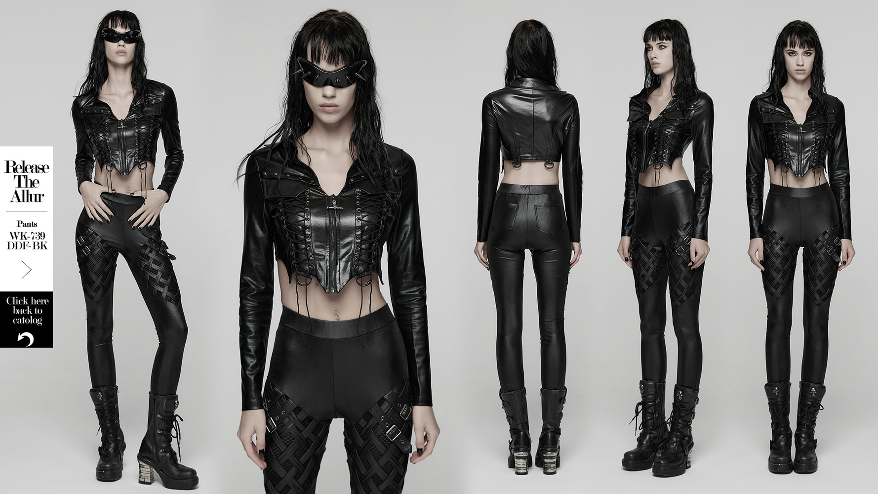 Goth Cropped Faux Leather Jacket with Rivets and Lacing showcased on model from multiple angles in edgy black outfit.