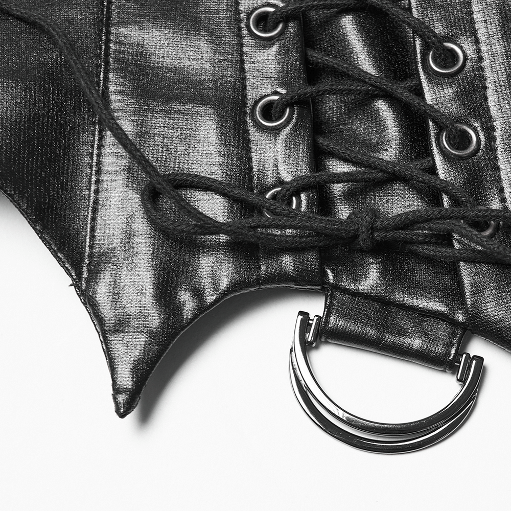 Close-up of goth cropped faux leather jacket with rivets and lacing showcasing the bat collar and detailed lacing.