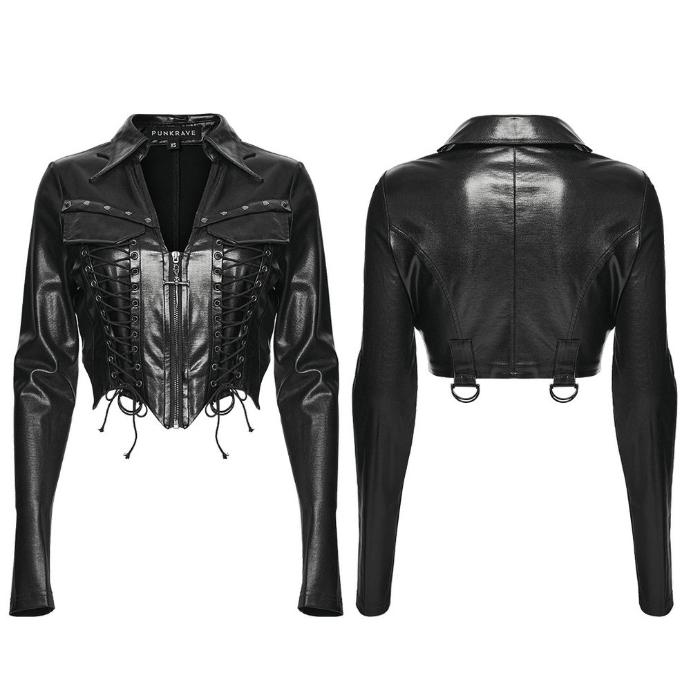 Goth Cropped Faux Leather Jacket with Rivets and Lacing featuring bat collar and lacing details, front and back view.