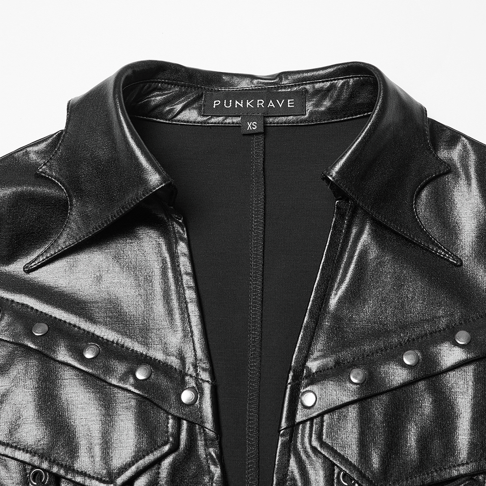 Goth Cropped Faux Leather Jacket with Rivets and Lacing features a sleek bat collar and riveted details.