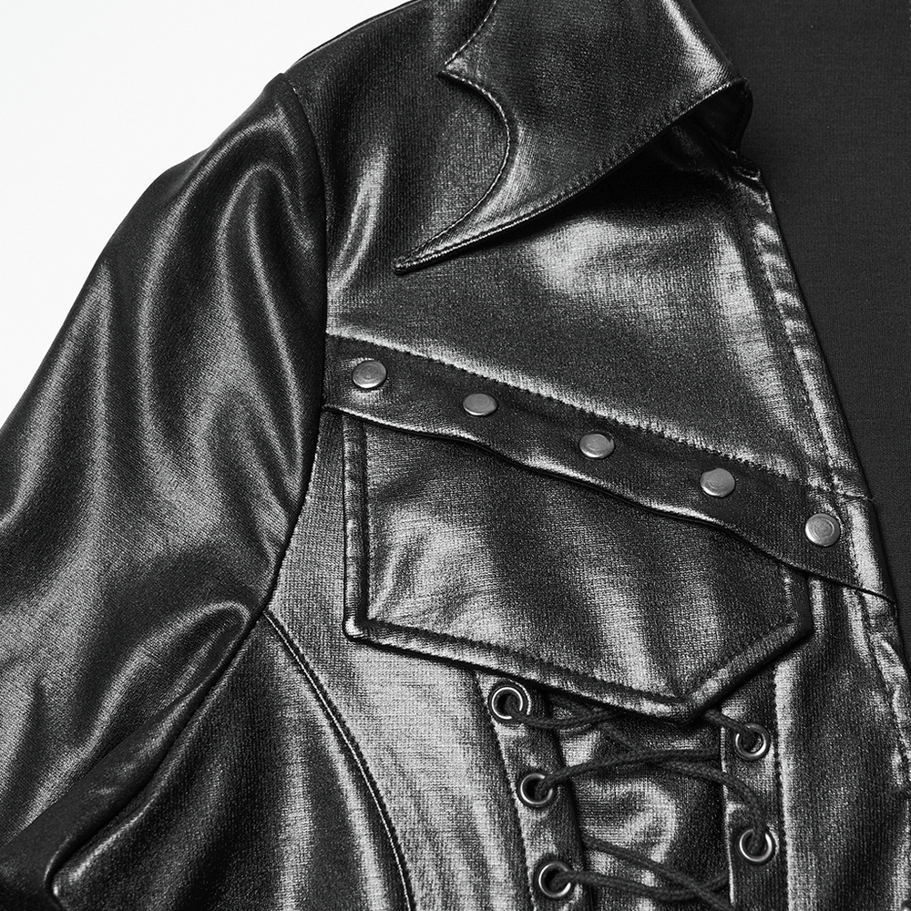 Goth Cropped Faux Leather Jacket with Rivets and Lacing showcasing bat collar and riveted pocket flaps.