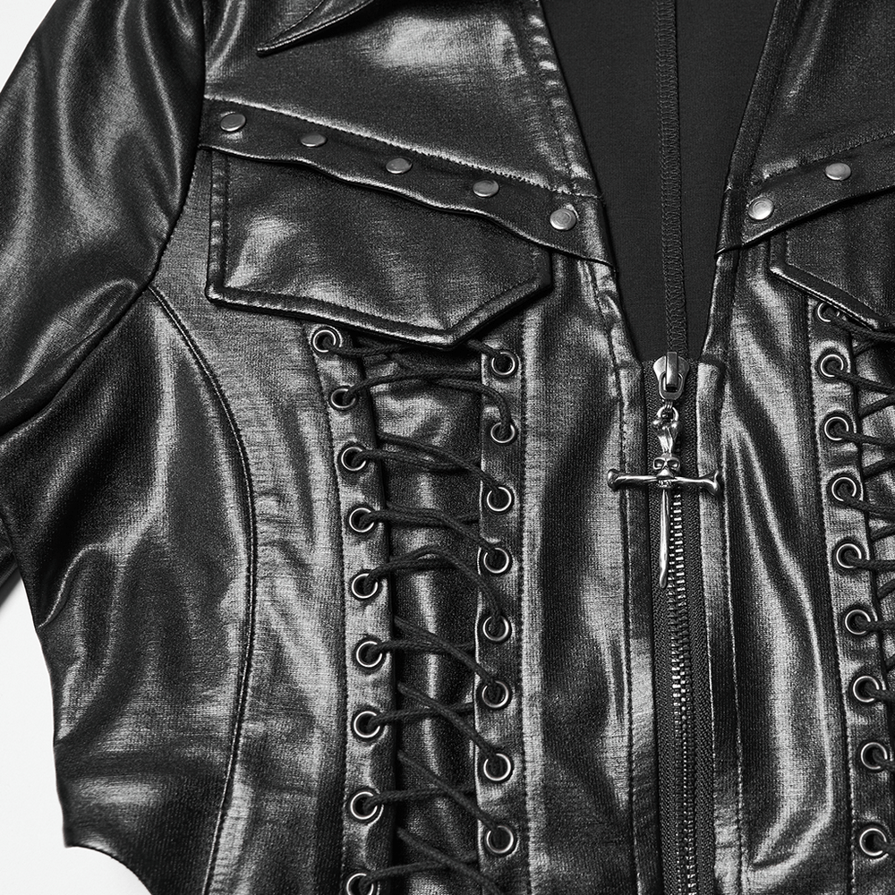 Goth Cropped Faux Leather Jacket with Rivets and Lacing showcasing lacing details and riveted accents.