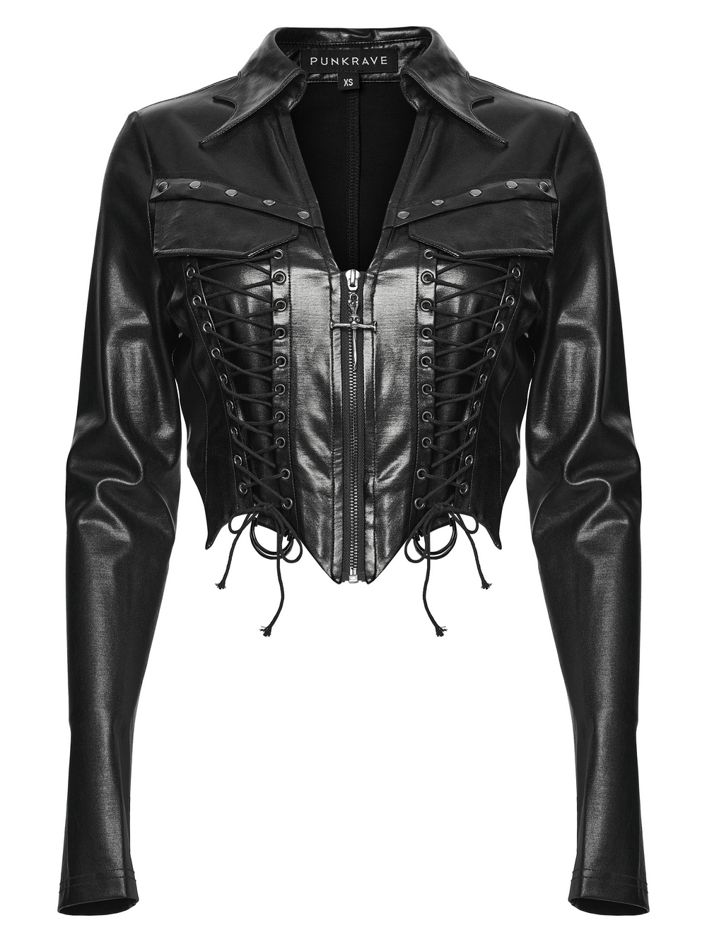 Goth Cropped Faux Leather Jacket with Rivets and Lacing featuring bat collar and lacing details for a punk look.