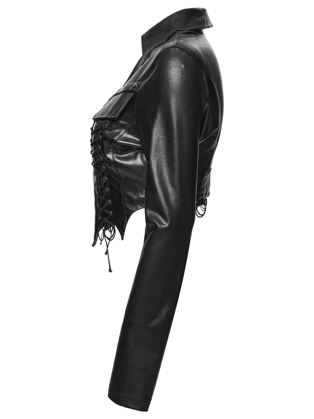 Goth Cropped Faux Leather Jacket with Rivets and Lacing, featuring bat collar, slim fit, and adjustable side drawstrings.