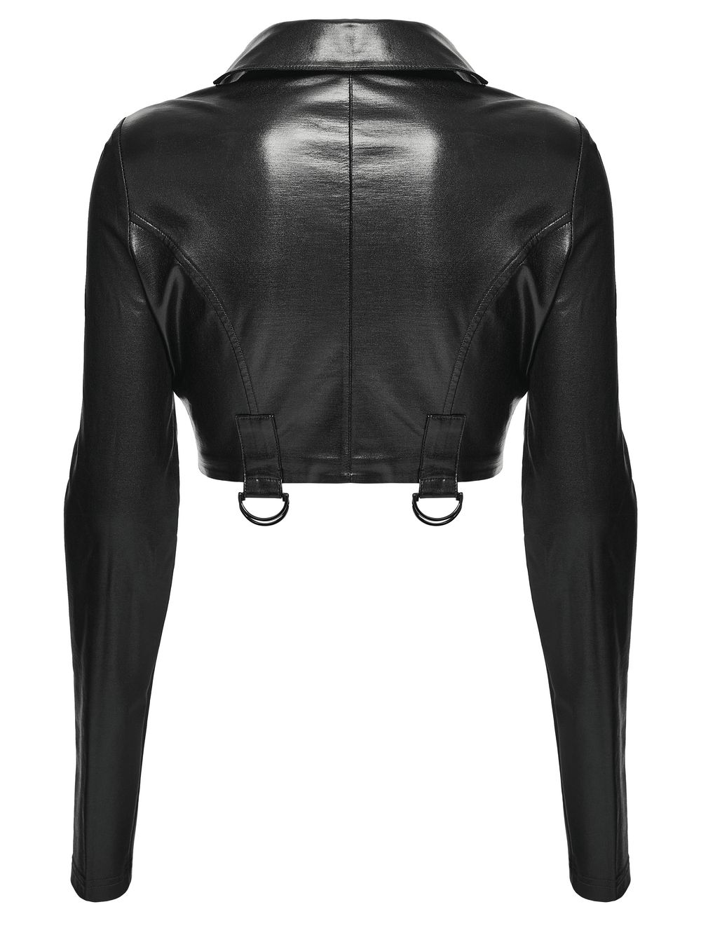 Goth Cropped Faux Leather Jacket with Rivets and Lacing shown from the back, featuring a sleek bat collar and slim fit.