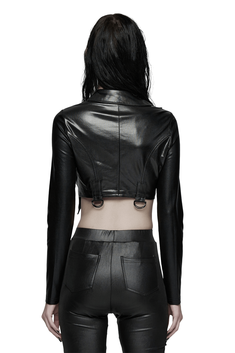 Back view of Goth Cropped Faux Leather Jacket with Rivets and Lacing showcasing the bat collar and slim-fit design.
