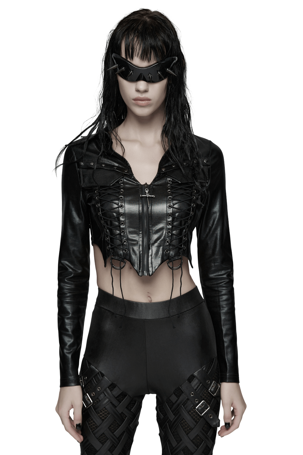 Goth Cropped Faux Leather Jacket with Rivets and Lacing, featuring bat collar and lace-up design for an edgy look.