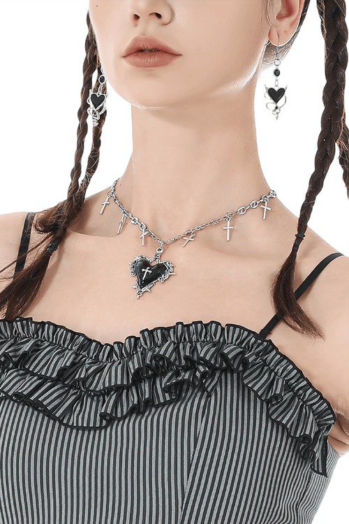 Goth Cross Charm Chain Necklace with Black Heart Pendant
