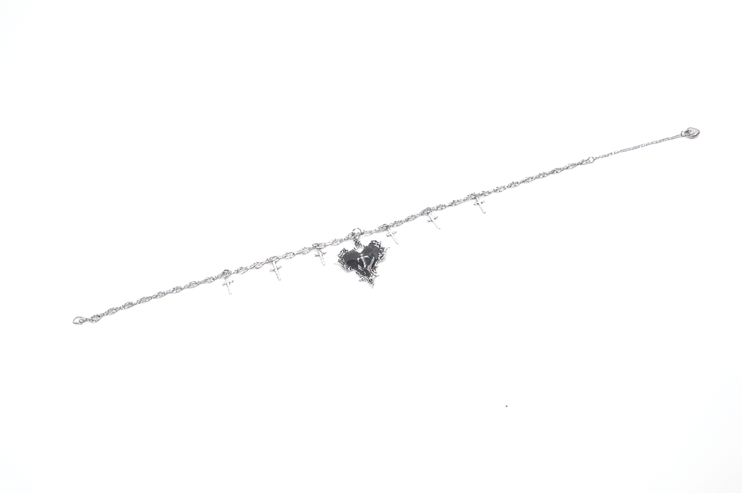Goth Cross Charm Chain Necklace with Black Heart Pendant showcasing silver-tone chain and black enamel heart.