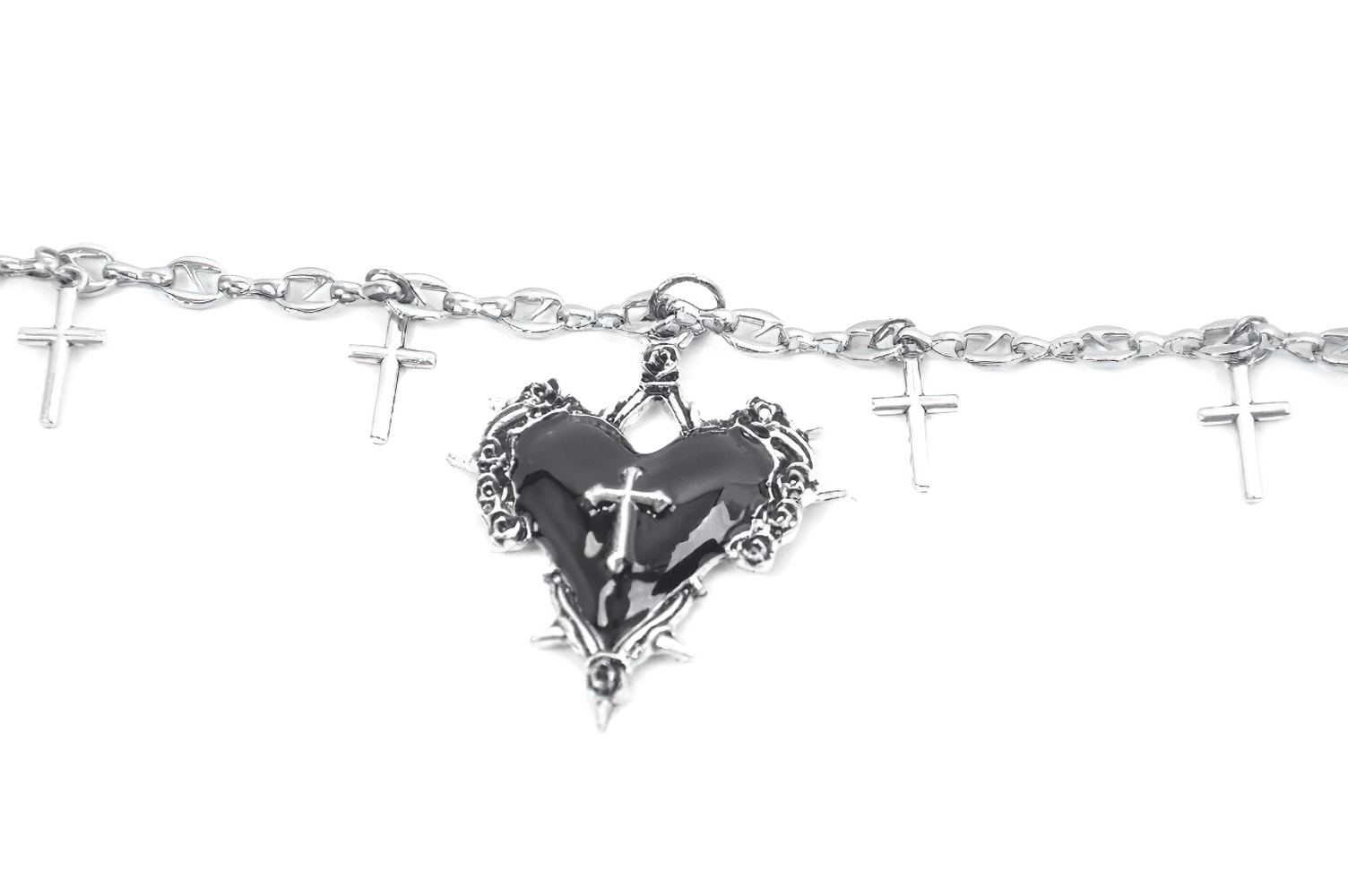 Goth Cross Charm Chain Necklace with Black Heart Pendant featuring silver-tone cross charms and bold black enamel heart.