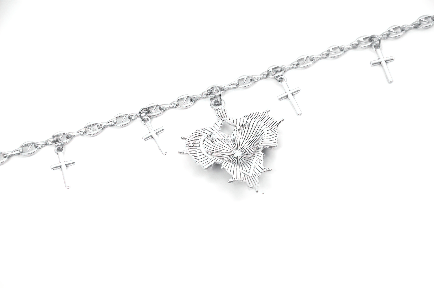 Goth Cross Charm Chain Necklace with Black Heart Pendant featuring silver-tone cross charms and ornate heart design.