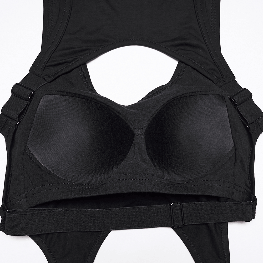 Goth Cutout Clip Hem Tank Top with Adjustable Back showing built-in pads and cutout design.