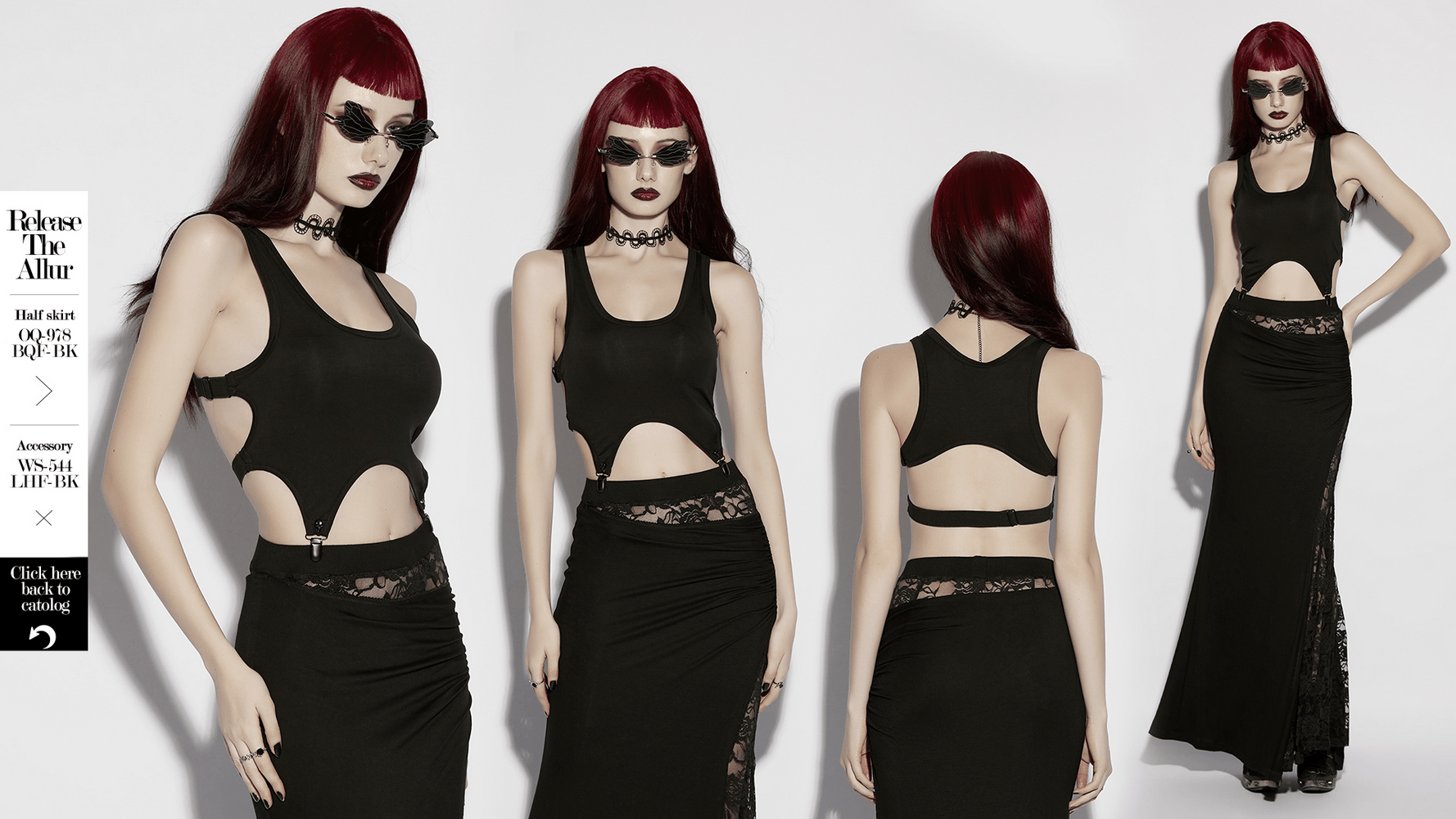 Goth Cutout Clip Hem Tank Top with Adjustable Back displayed in black with cutout design and sleek styling.
