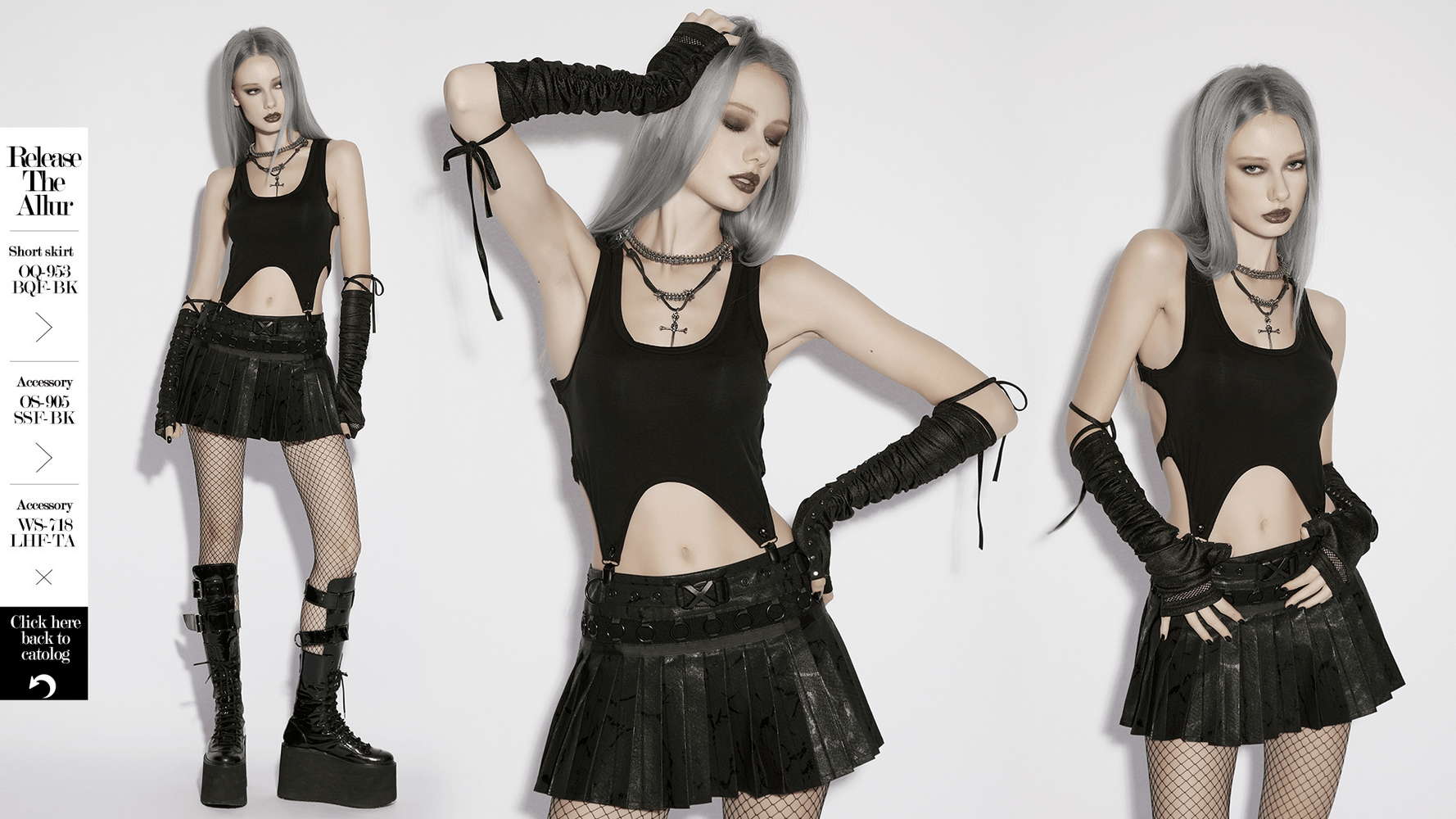Goth Cutout Clip Hem Tank Top with Adjustable Back paired with a gothic skirt and accessories.