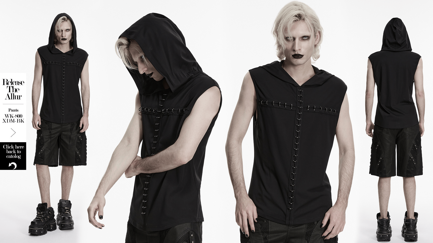 Top oscuro gótico con capucha punk y detalles de pecho con ganchos