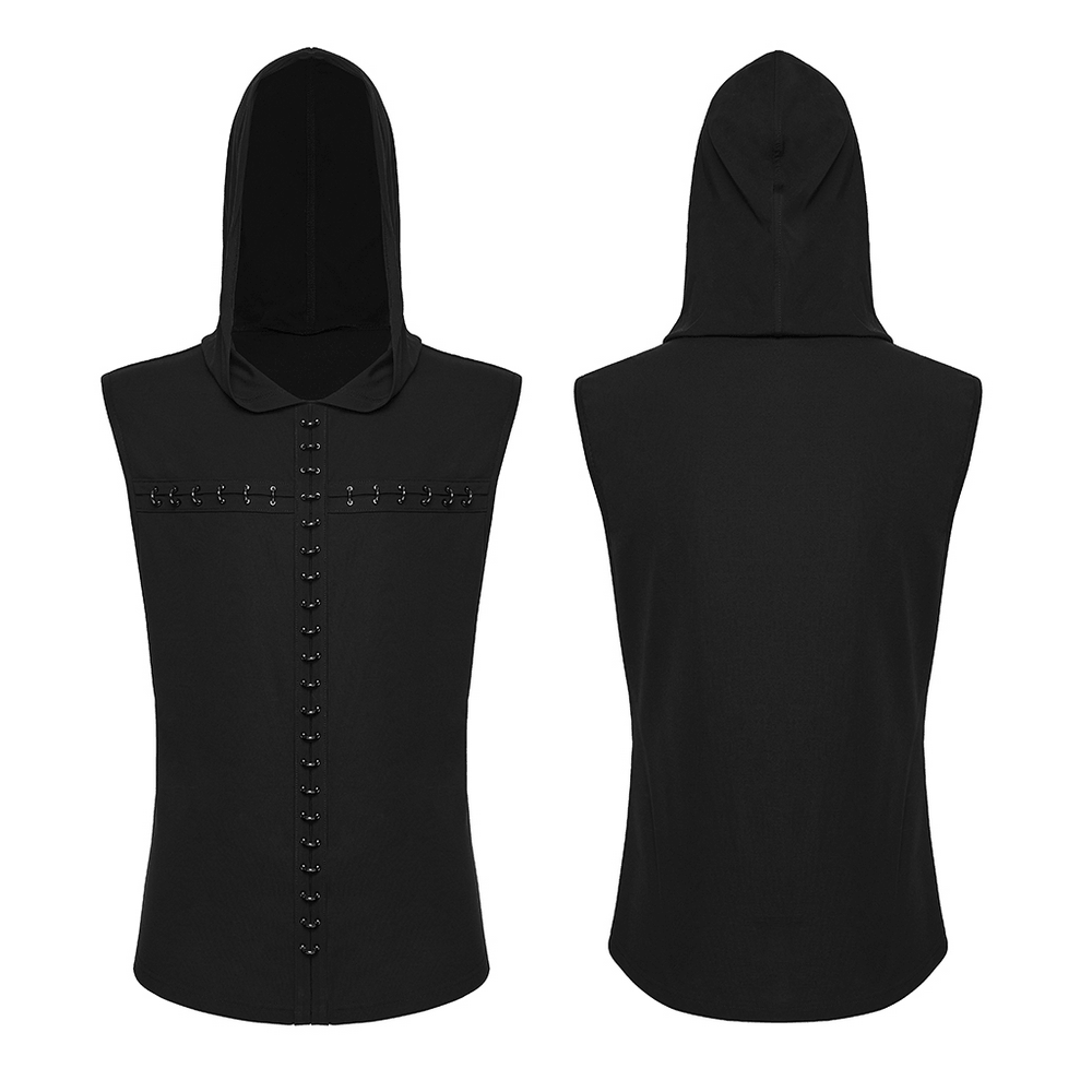 Top oscuro gótico con capucha punk y detalles de pecho con ganchos