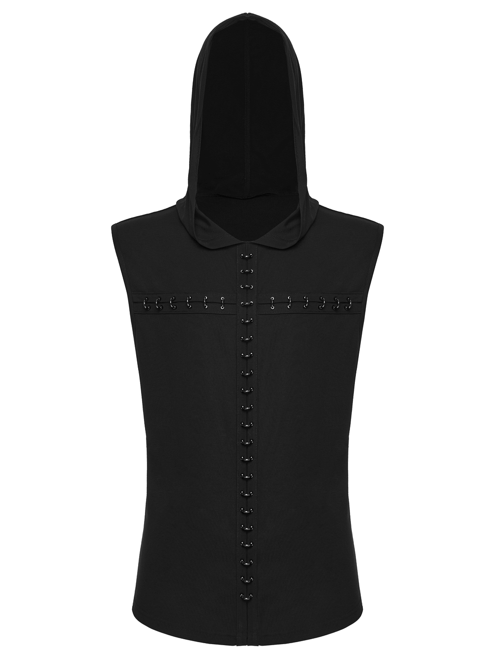 Top oscuro gótico con capucha punk y detalles de pecho con ganchos