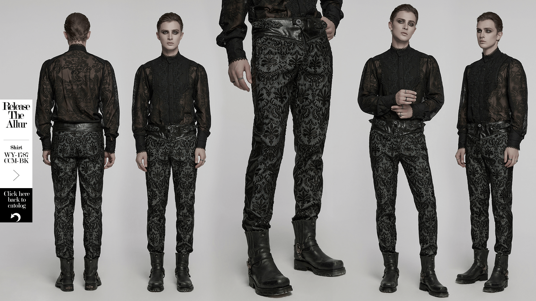 Goth embroidered lace pants with adjustable waist strap and back pockets, stylish silhouette for all body types.