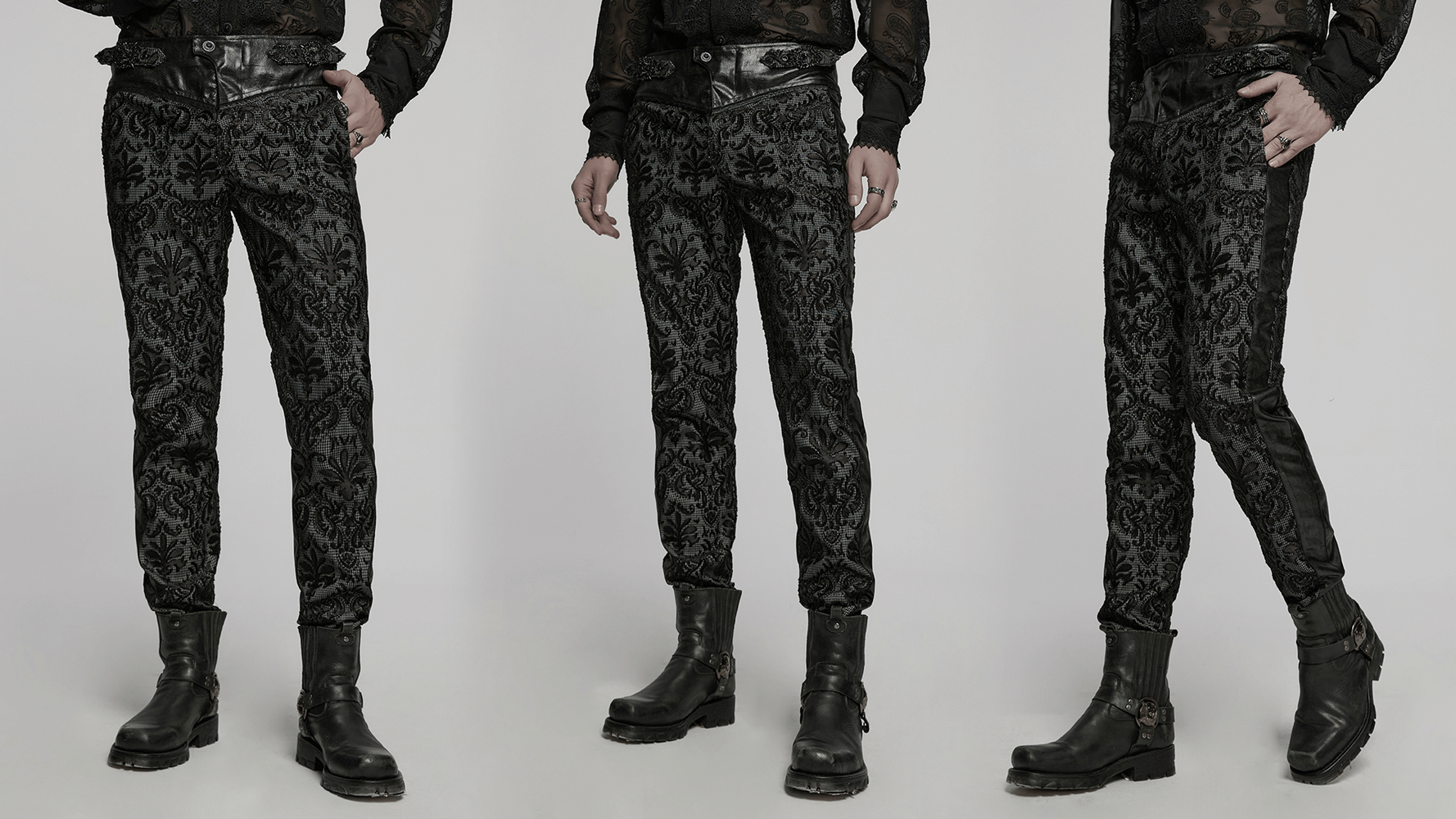 Goth embroidered lace pants with adjustable waist strap and back pockets, showcasing a stylish silhouette.