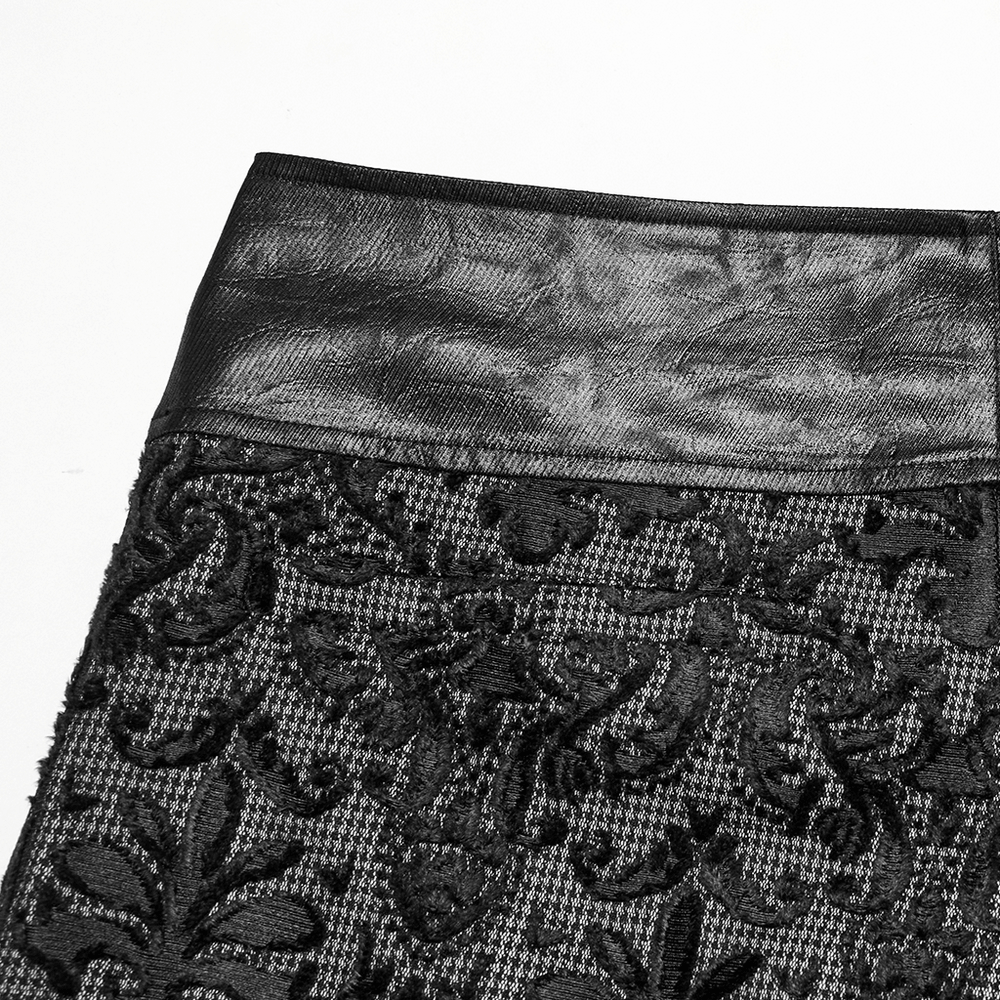 Goth embroidered lace pants waist with adjustable strap, featuring intricate black floral patterns and soft textured fabric.