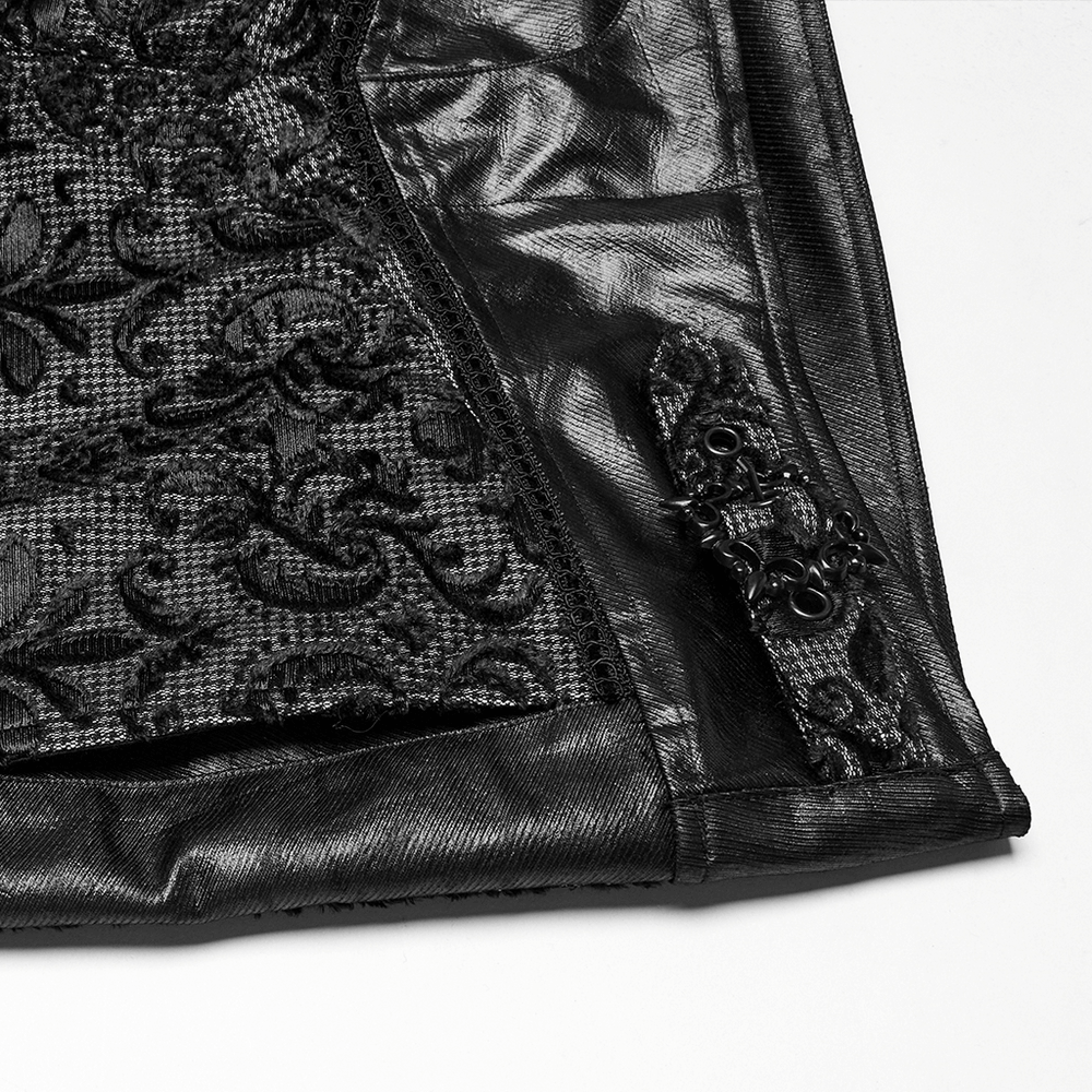 Close-up of goth embroidered lace fabric showcasing intricate patterns and stylish finish, featuring adjustable waist strap.