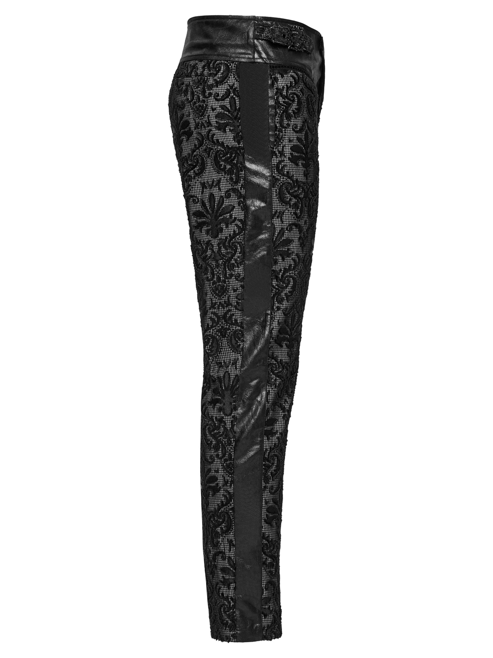 Goth embroidered lace pants with adjustable waist strap and stylish back pockets, perfect for a fashionable look.