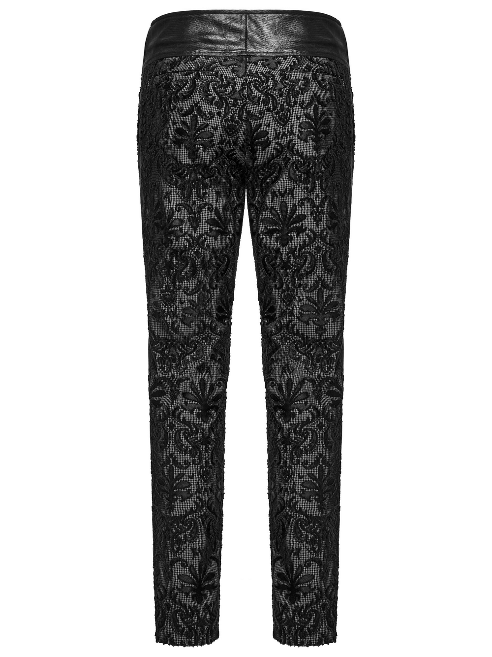 Rear view of goth embroidered lace pants with adjustable waist strap and stylish back pockets.